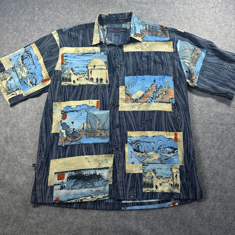 Y2K Phat Farm Button Down Shirt Mens‎ XXL Blue Japanese Art Print PFH5841